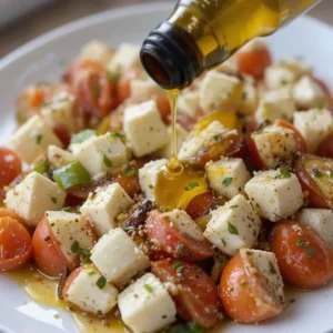 Drizzling olive oil and seasoning over feta and cherry tomatoes in a baking dish.