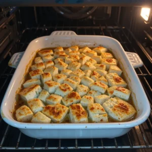 Feta and tomatoes baking in the oven, with the feta turning golden brown.