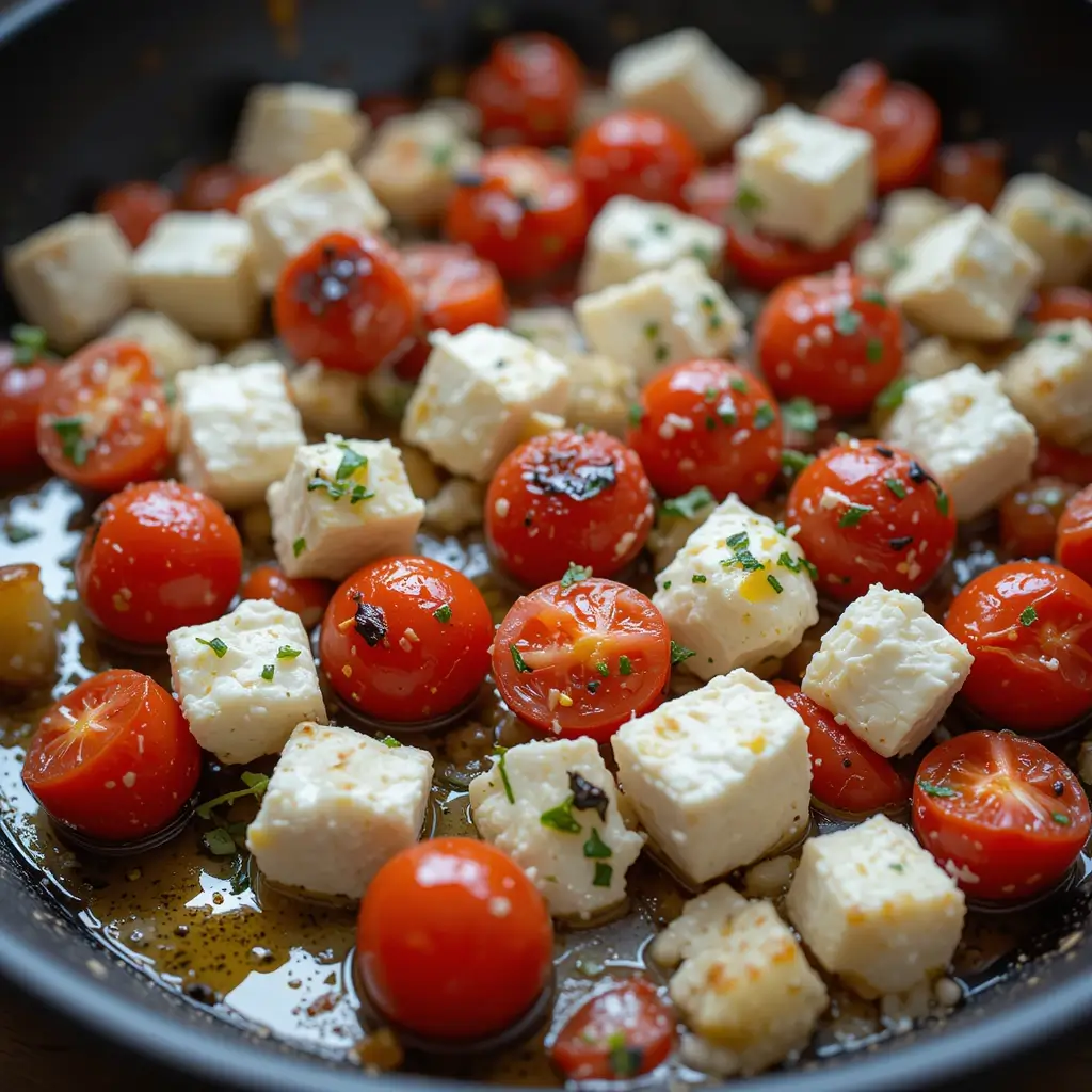Creamy, juicy cherry tomatoes and aromatic garlic drizzled with olive oil and baked to golden perfection. Healthy, flavorful, and effortlessly delicious!