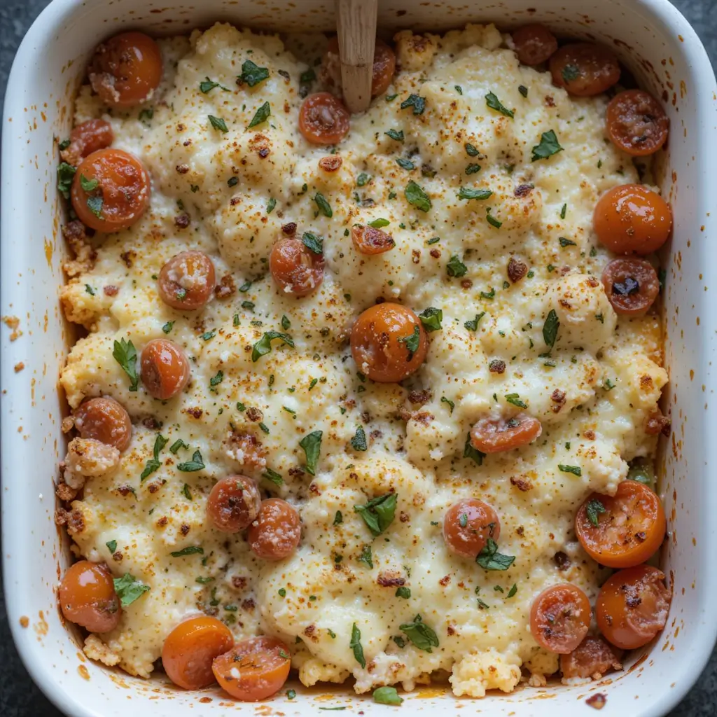 This recipe with roasted tomatoes and aromatic herbs, all baked to golden perfection.
