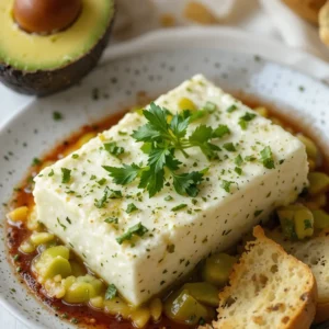 Garnishing baked feta with fresh herbs, served with bread or avocado.