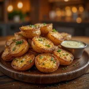 Golden-brown smashed potatoes on a rustic wooden plate, crispy with slightly charred edges, topped with fresh parsley and a sprinkle of sea salt. A small dish of creamy garlic sauce sits beside them for dipping, with warm, cozy kitchen lighting in the background, creating a homely dinner atmosphere.