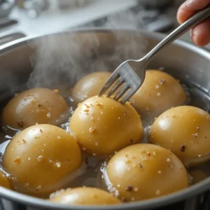 A hand puncturing raw potatoes with a fork in a pot of boiling salted water, with steam rising and the potatoes partially submerged. The focus is on the fork making small puncture marks in the potatoes.