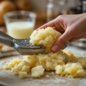 A hand gently smashing boiled potatoes with a potato masher on a countertop, creating a ½-inch thick surface. A glass is visible in the background as an alternative tool. The scene focuses on the texture of the smashed potatoes.