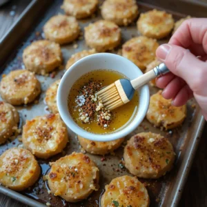 A hand brushing a mixture of olive oil or butter with spices over smashed potatoes on a baking sheet, creating a golden, crispy texture. The rustic kitchen setting adds warmth to the scene.