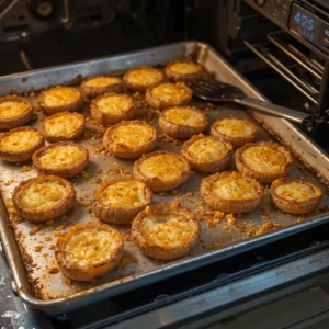 Golden, crispy smashed potatoes baking on a sheet, with some showing crispy edges. The oven is set to 425°F (220°C), and a spatula is ready to flip the potatoes for even crispiness.