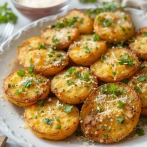 A plate of golden, crispy smashed potatoes garnished with parsley and Parmesan, with a bowl of dipping sauce beside it. The vibrant scene captures the final touches of the dish.