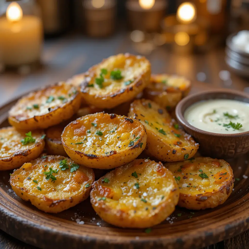 This recipe with golden-brown edges, topped with parsley and sea salt, served with creamy garlic sauce on a rustic wooden plate. Soft kitchen lighting creates a cozy dinner atmosphere, titled 'Crispy Potatoes Recipe: The Perfect Side Dish for Dinner.