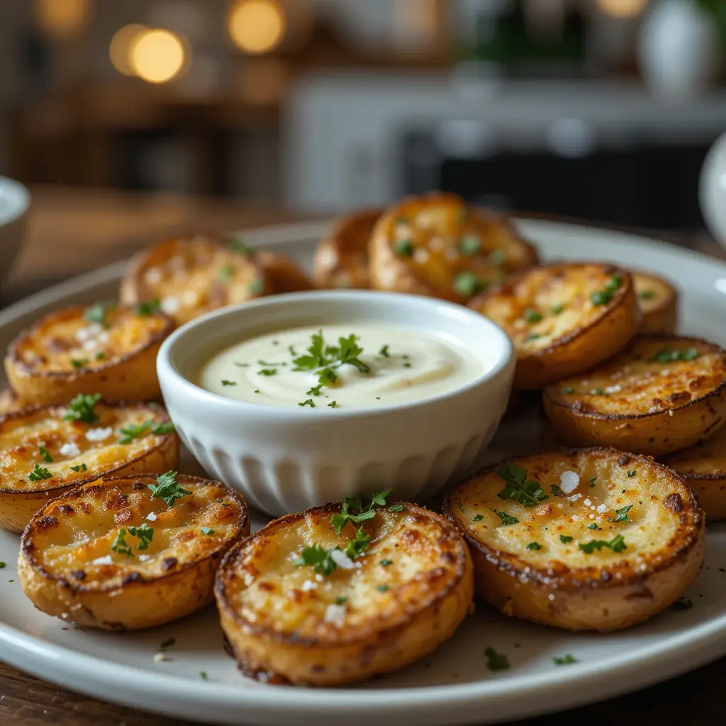 A cozy plate of crispy potatoes with golden-brown edges, garnished with fresh parsley and sea salt, served with a small bowl of creamy garlic sauce for dipping. The warm, soft kitchen lighting creates a homely and welcoming dinner atmosphere, evoking comfort and deliciousness.