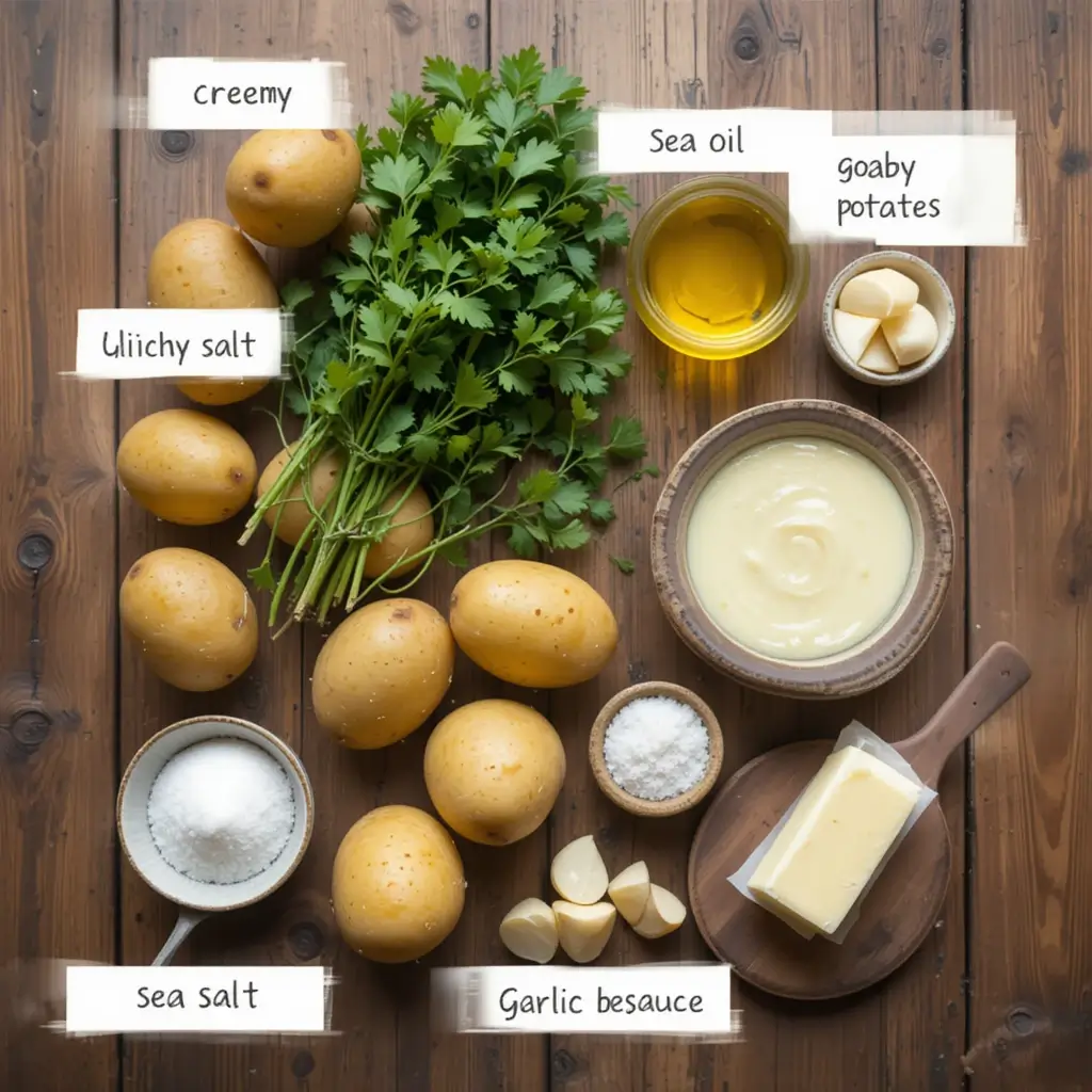 A flat lay of ingredients for this crispy recipe on a rustic wooden table, featuring golden baby potatoes, fresh parsley, sea salt, olive oil, garlic cloves, and butter. A small bowl of creamy garlic sauce is placed beside the ingredients. Warm, soft kitchen lighting creates a cozy, homely atmosphere, emphasizing the freshness and simplicity of the ingredients.