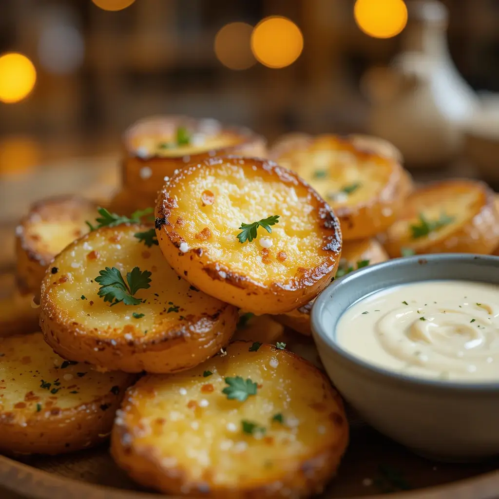 Close-up of golden, crispy potatoes with charred edges, garnished with fresh parsley and sea salt, served on a rustic wooden plate. A small bowl of creamy garlic sauce is placed beside them for dipping. Warm, cozy kitchen lighting creates a homely atmosphere, highlighting the delicious appeal of this classic side dish.