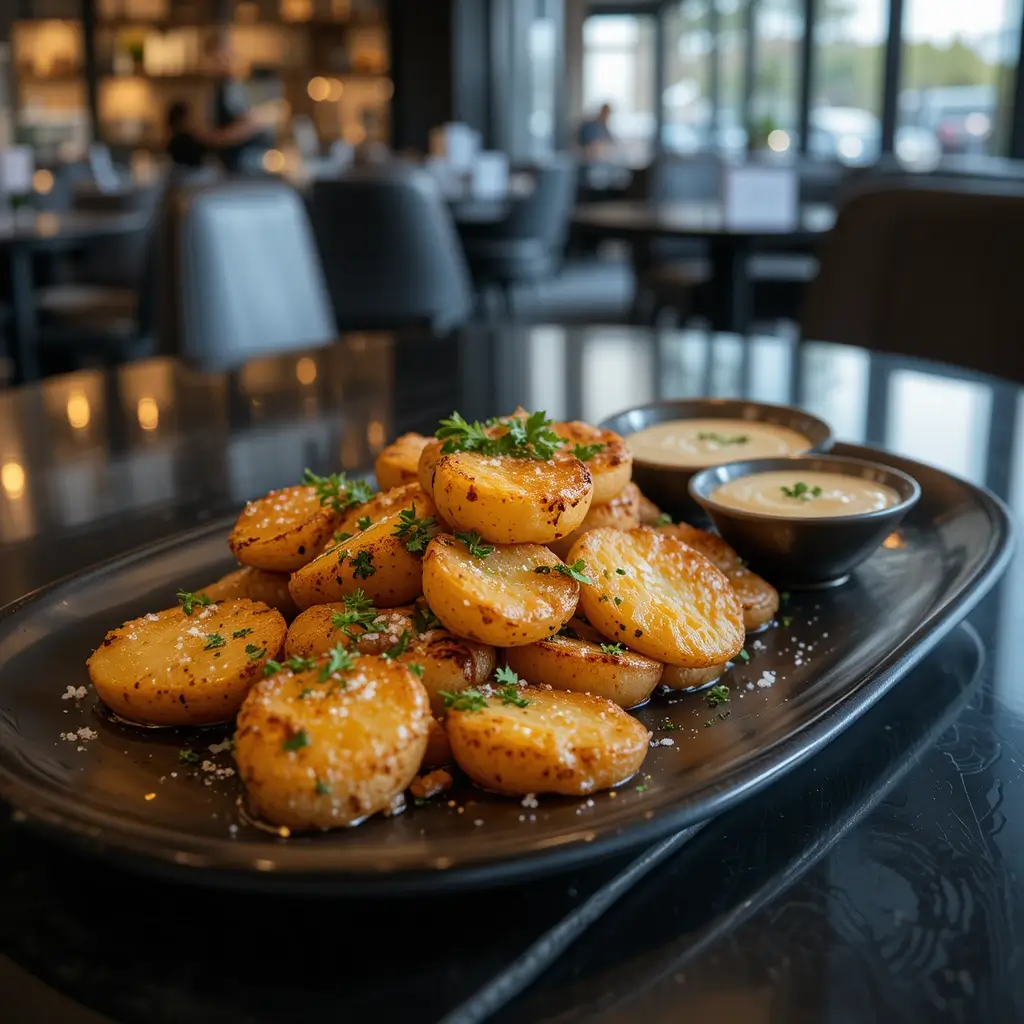 Golden, crispy smashed potatoes with charred edges, topped with parsley and sea salt, served on a sleek black table in a modern restaurant. A small bowl of creamy garlic sauce is placed beside the potatoes. The warm golden hues of the potatoes contrast with the dark table, enhanced by ambient restaurant lighting, creating an elegant and inviting atmosphere