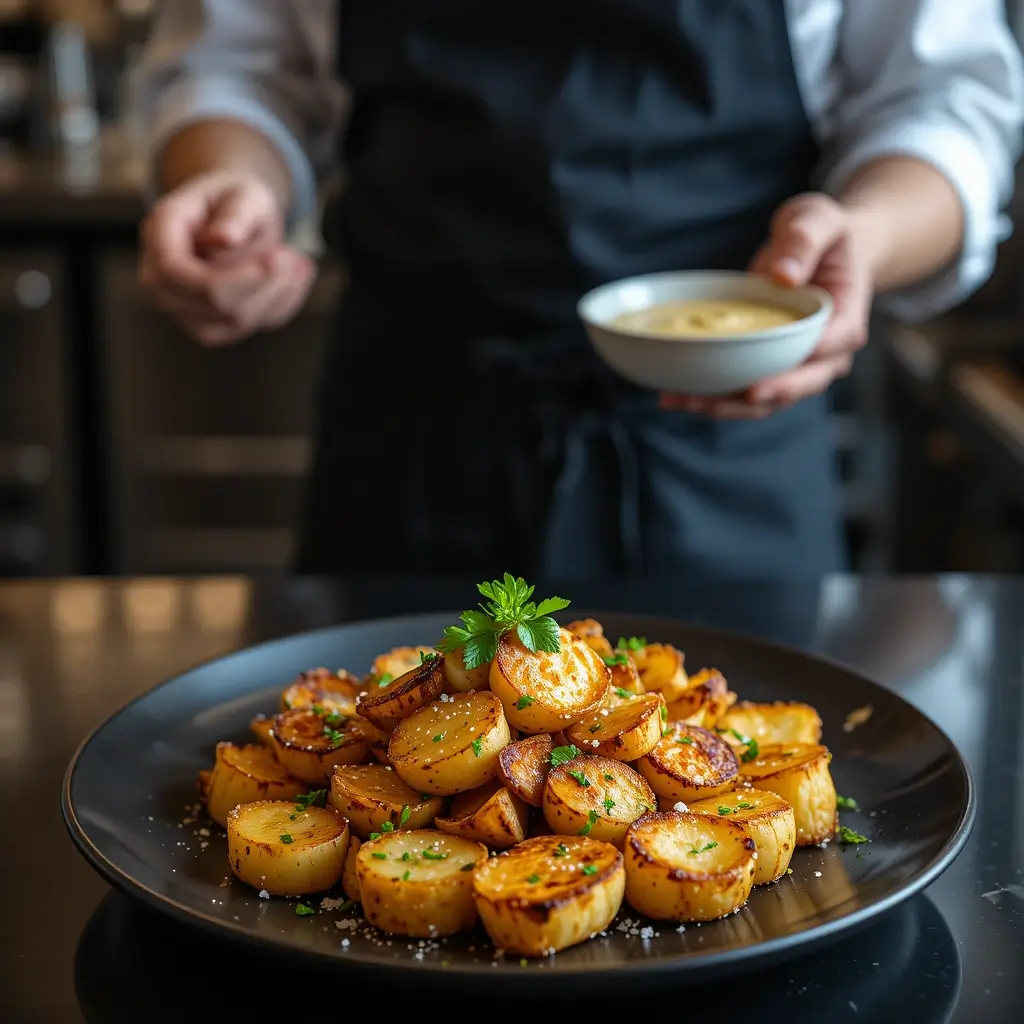 Golden, crispy potatoes with charred edges, garnished with parsley and sea salt, placed on a sleek black table. A chef in a black apron holds a bowl of creamy garlic sauce, with their face not visible. Soft ambient lighting highlights the contrast between the warm potatoes and the dark table, creating an elegant and sophisticated atmosphere.