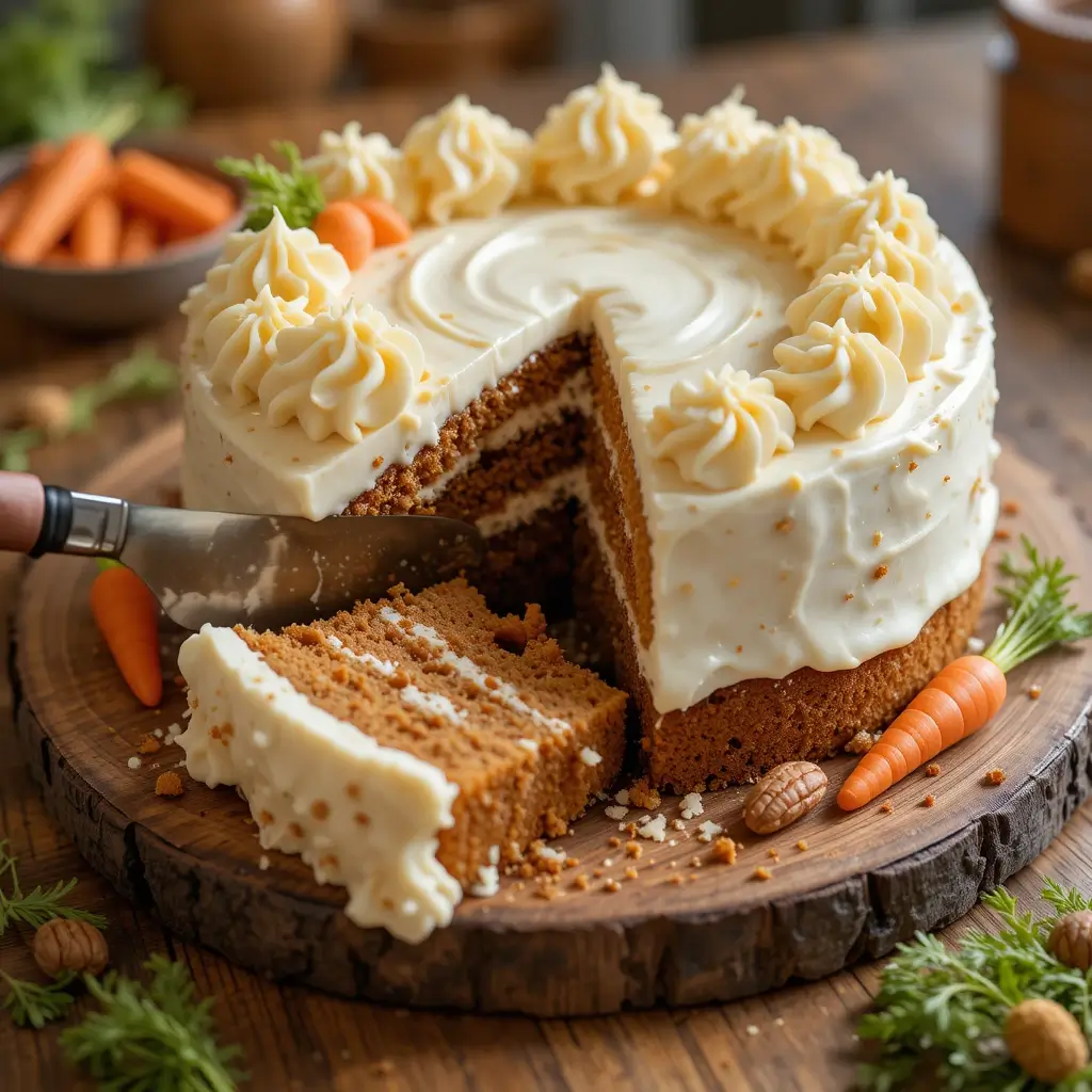 A beautifully frosted carrot cake on a wooden serving board, with smooth cream cheese frosting and delicate swirls on top. A knife slices a piece, revealing the moist layers inside. The cake is adorned with fresh carrot decorations and scattered nuts. Warm lighting and a rustic kitchen atmosphere create an inviting, homely scene.