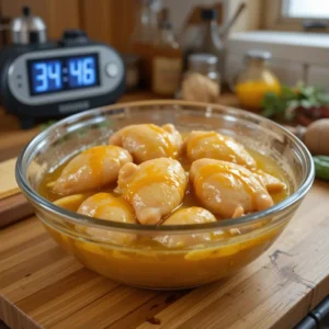 Close-up of chicken marinating in honey mustard sauce on a wooden counter, with a timer showing 30 minutes to 2 hours and nearby ingredients like honey, mustard, and herbs.