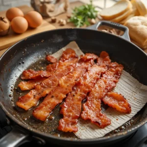 A sizzling pan with crispy bacon strips cooking, with bacon fat popping and browning. The golden brown bacon rests on a paper towel to drain excess oil, with eggs, bread, and herbs in the warm, homey kitchen background.