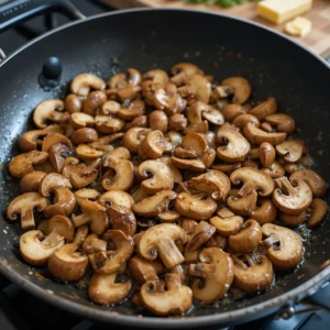 A skillet on the stove with sliced mushrooms sizzling in melted butter, turning golden brown. The mushrooms have a slight sheen from the butter, with a wooden cutting board and fresh herbs in the background, ready for the next cooking step.