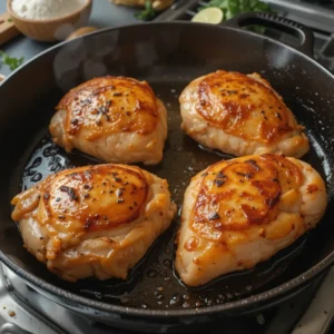 A cast-iron skillet on the stovetop with chicken breasts sizzling and turning golden brown on both sides, forming a crispy crust. Cooking utensils, herbs, and spices are visible in the background, adding to the savory aroma.