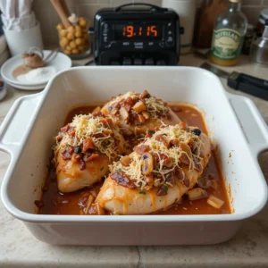 A baking dish with seared chicken breasts topped with rich sauce, crispy bacon, sautéed mushrooms, and melted cheese, ready to go into the oven. A kitchen timer is set to 10-15 minutes at 375°F, with ingredients and utensils scattered around in a cozy kitchen setting.