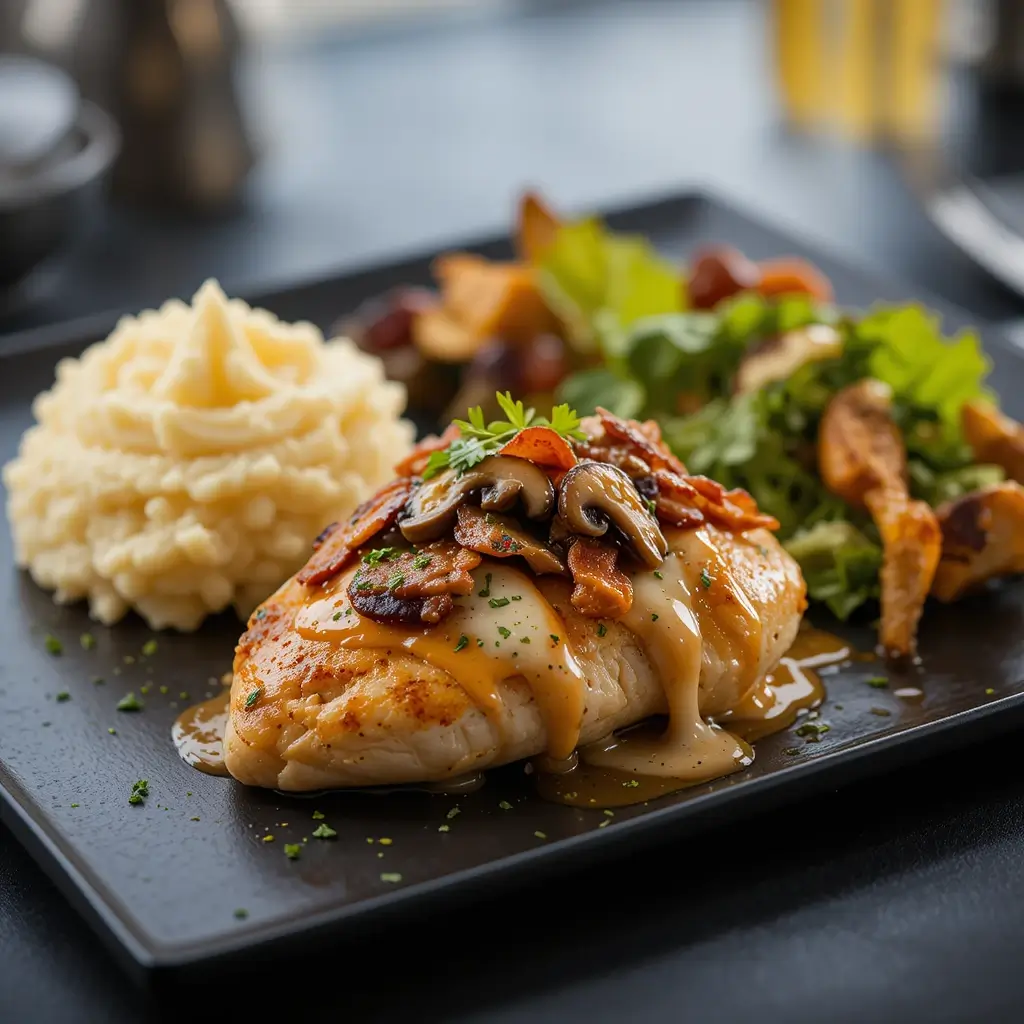 A beautifully plated Alice Springs Chicken on a sleek black table, featuring a chicken breast topped with honey mustard sauce, crispy bacon, sautéed mushrooms, and melted Monterey Jack cheese. The dish is garnished with fresh herbs, with sides of creamy mashed potatoes, a fresh green salad, and roasted vegetables, set against the striking contrast of the black table.