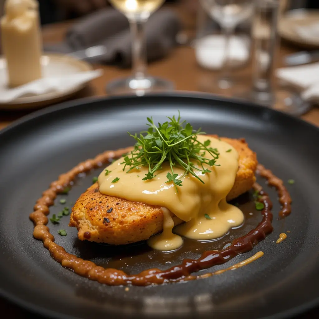 An upscale restaurant-style plating of Alice Springs Chicken on a matte black plate, garnished with elegant sauce drizzles and microgreens. The melted cheese glistens under soft lighting, with a fine dining setup in the background.