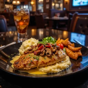 A plate of Alice Springs Chicken in an upscale American restaurant on a sleek black table. The dish features a seared chicken breast with honey mustard sauce, crispy bacon, sautéed mushrooms, and melted Monterey Jack cheese, garnished with fresh herbs. Sides of creamy mashed potatoes and roasted vegetables accompany the dish, with dim, cozy lighting and a glass of iced tea in the softly blurred background