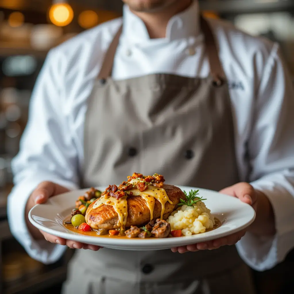 A skilled chef in a crisp white uniform and apron proudly presents a plate of this recipe. The focus is on the chef’s hands holding the dish, which features a golden-seared chicken breast with honey mustard sauce, crispy bacon, sautéed mushrooms, and melted Monterey Jack cheese, garnished with fresh herbs. Sides of mashed potatoes and roasted vegetables accompany the dish, with a softly blurred professional kitchen in the background.