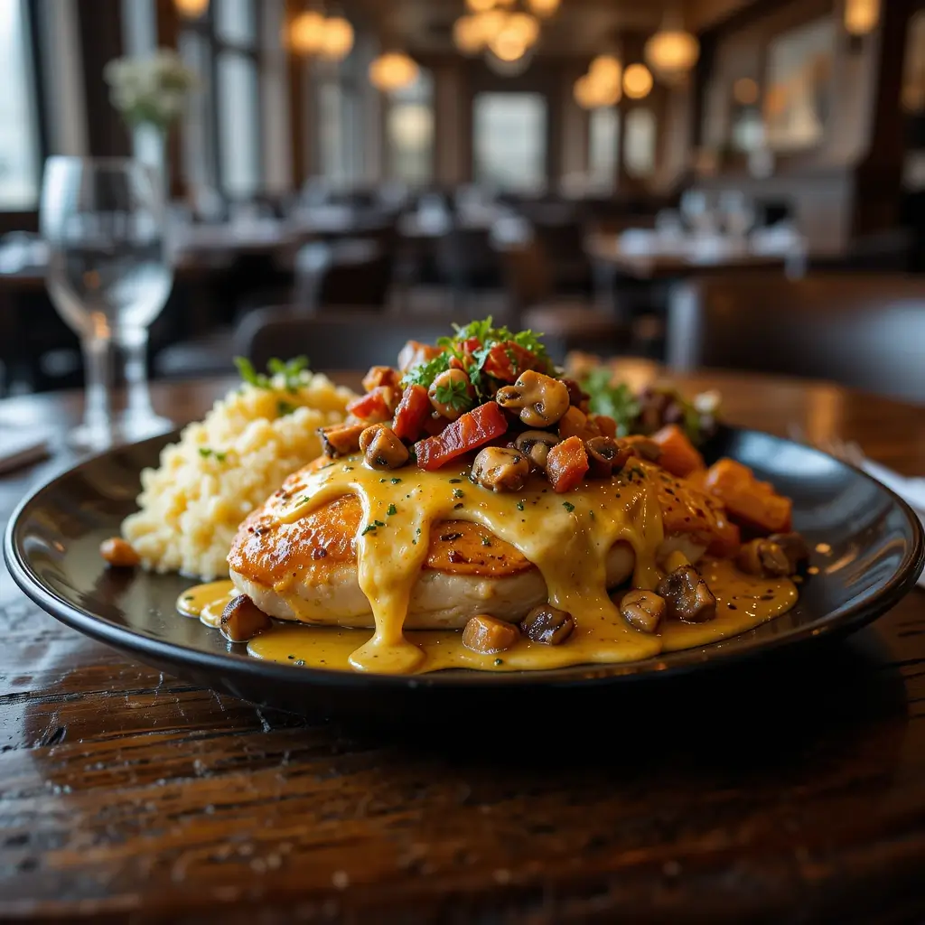 Alice Springs Chicken on a black wooden table in a cozy restaurant, topped with honey mustard sauce, crispy bacon, sautéed mushrooms, and melted cheese. Served with mashed potatoes and roasted vegetables, set in a warm, inviting ambiance with soft lighting.