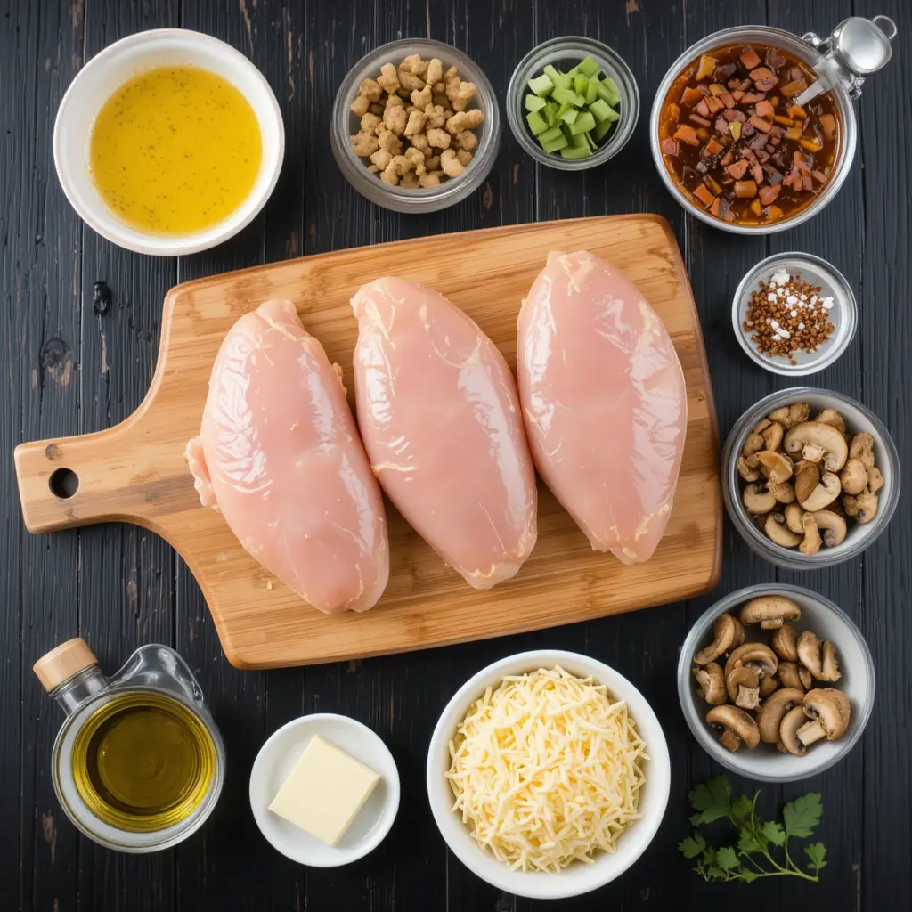 A top-down view of fresh ingredients for Alice Springs Chicken arranged on a black wooden table. In the center, four raw chicken breasts rest on a wooden cutting board, surrounded by small bowls of honey mustard sauce, crispy bacon crumbles, sautéed mushrooms, and shredded Monterey Jack cheese. A bottle of olive oil, a dish of butter, and fresh parsley add to the restaurant-style presentation, with the dark table enhancing the vibrant ingredients.