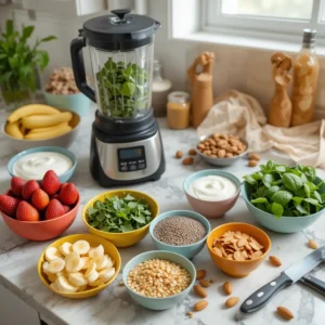 A well-organized kitchen counter featuring fresh fruits, leafy greens, yogurt, and nuts in colorful bowls, with ingredients like sliced bananas, strawberries, spinach, chia seeds, and almond butter. A blender, cutting board, and knife are ready for smoothie preparation, all bathed in soft natural light that enhances the vibrant and healthy atmosphere.