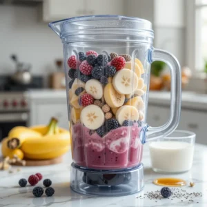 A blender filled with a colorful mix of frozen berries, banana slices, Greek yogurt, chia seeds, and almond milk, with honey or maple syrup nearby as an optional addition. The lid is on, and the ingredients are blended to a smooth, creamy texture. The kitchen counter is cozy and clean, with soft natural light highlighting the fresh ingredients and the blender in action, ready to create a refreshing smoothie.