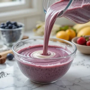 A chilled bowl on a kitchen counter, being filled with a smooth, creamy blend of berries, banana, and yogurt, creating a vibrant swirl of colors. Fresh ingredients like fruit and chia seeds are visible in the background, enhancing the healthy atmosphere. Soft natural light accentuates the texture of the smoothie as it fills the bowl, inviting the viewer to enjoy the refreshing treat.