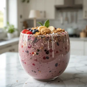 A beautifully arranged smoothie bowl topped with fresh banana slices, mixed berries, granola, chia seeds, shredded coconut, and a dollop of nut butter. The toppings are artfully spread across the creamy smoothie base, creating a vibrant and healthy design. The clean, minimal kitchen background, bathed in soft natural light, highlights the freshness of the ingredients, making the dish look inviting and nourishing.