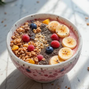 A vibrant smoothie bowl with a creamy base made from frozen fruits, yogurt, and milk, topped with crunchy granola, chia seeds, and fresh fruit like bananas and berries. The toppings are artfully arranged, showcasing the customizability of the recipe. Soft natural light enhances the wholesome ingredients, making the bowl look both delicious and healthy, offering a quick, filling breakfast option perfect for any diet.