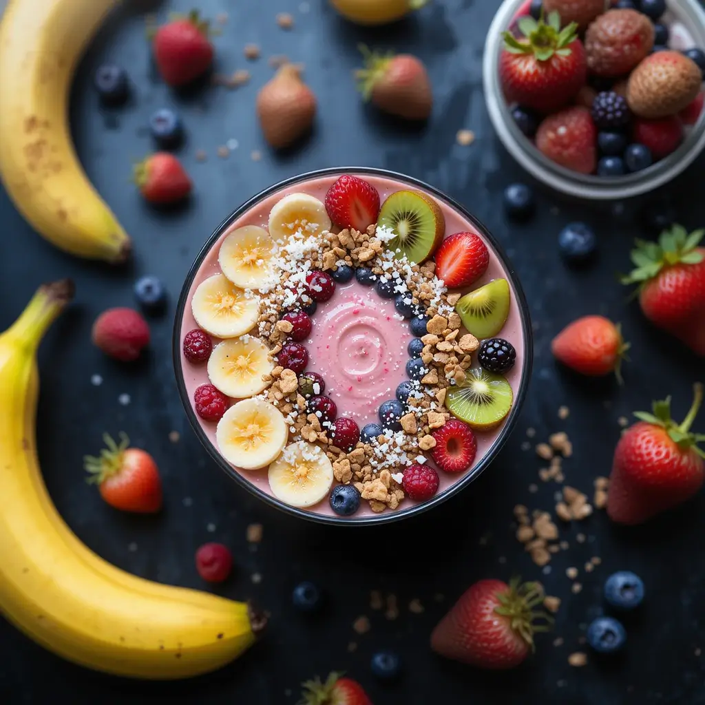 A perfectly arranged smoothie bowl on a sleek black table, with a creamy base of blended frozen fruits and yogurt, topped with vibrant fruits like sliced bananas, berries, kiwi, granola, chia seeds, and shredded coconut. Whole fruits like bananas, strawberries, and blueberries surround the bowl, adding color to the scene. The black table contrasts beautifully with the colorful ingredients, and soft natural light enhances the freshness and deliciousness of the smoothie bowl.