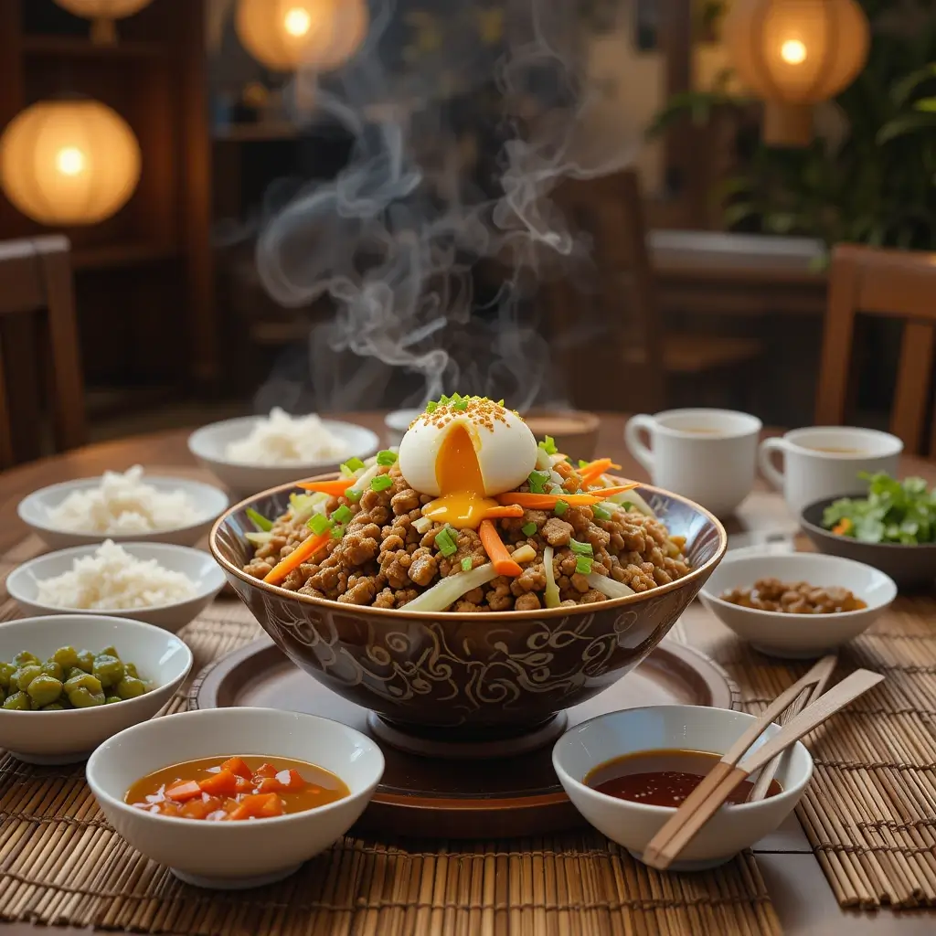 Asian-inspired dinner table featuring Egg Roll in a Bowl with ground pork, cabbage, and a soft-boiled egg, surrounded by bowls of rice, pickled vegetables, and sauces. Garnished with sesame seeds and fresh herbs, set with wooden chopsticks, tea cups, bamboo placemats, and soft lighting from paper lanterns for a serene atmosphere.