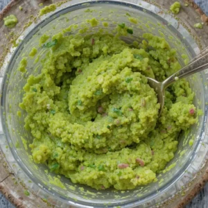 Mashed ripe avocados in a bowl, with a fork or masher showing a creamy or chunky texture.