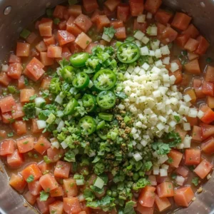 Finely chopped red onion, jalapeño, garlic, cilantro, and diced tomatoes stirred into mashed avocados, creating a vibrant and flavorful mix.
