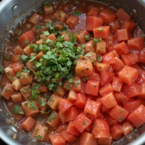 Fresh diced Roma tomatoes added to a bowl of mashed avocados, bringing a burst of juiciness and freshness.