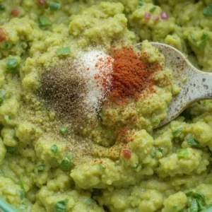 A bowl of guacamole being tasted and adjusted with seasoning, ensuring the perfect balance of flavors.