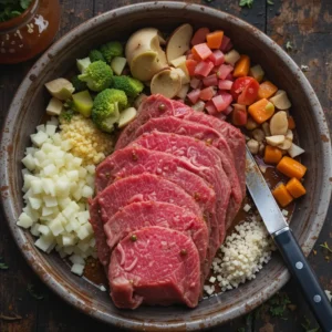 Thinly sliced beef cut against the grain on a wooden cutting board, alongside freshly chopped vegetables and minced garlic, ready for cooking.