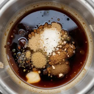 A glass bowl filled with a rich, flavorful sauce mixture of broth, soy sauce, Worcestershire sauce, sugar, and spices, ready for cooking.