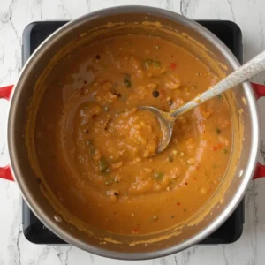 A slow cooker with a rich, simmering sauce being thickened by stirring in a cornstarch slurry 30 minutes before serving.