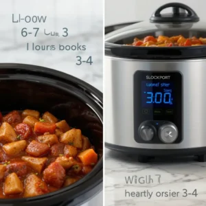 A slow cooker with a digital display set to LOW for 6–7 hours or HIGH for 3–4 hours, slowly simmering a flavorful and hearty meal.