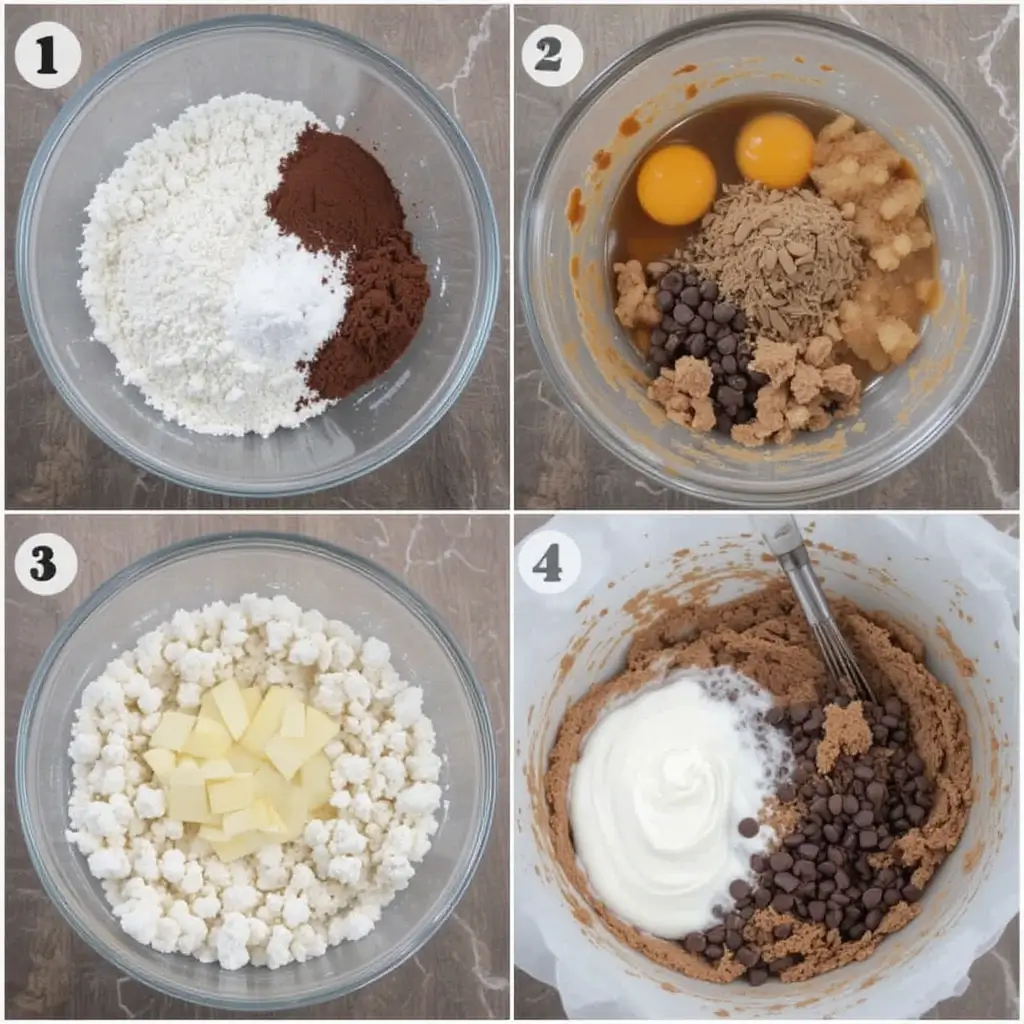 Preheat the oven to 350°F (175°C). Line an 8x8-inch pan with parchment paper or grease it. In one bowl, mix flour, cocoa powder, baking powder, and salt. In another, whisk melted butter, brown sugar, eggs, vanilla, and Greek yogurt. Combine the wet and dry ingredients, then fold in optional add-ins like chocolate chips or nuts. Pour the batter into the pan and spread it evenly.
