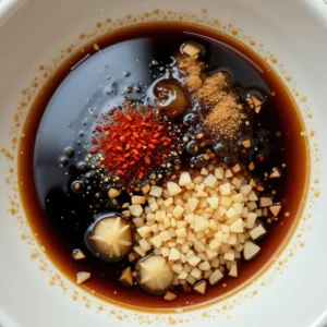 A small bowl filled with a glossy, well-mixed sauce made from soy sauce, rice vinegar, sesame oil, minced garlic, sugar or honey, and red pepper flakes. A spoon rests in the bowl, showing the rich, deep color of the dressing. Small ingredient bowls with soy sauce, sesame oil, and red pepper flakes are arranged around it on a wooden surface.