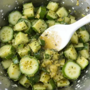 A large bowl filled with thinly sliced cucumbers glistening with a savory dressing. A pair of chopsticks or a spoon gently tosses the cucumbers, ensuring even coating. The rich, flavorful marinade pools slightly at the bottom, and red pepper flakes and sesame seeds are sprinkled on top for extra texture and color.