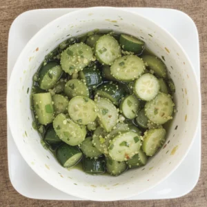 A bowl of marinated cucumber salad resting on a wooden surface, garnished with sesame seeds and red pepper flakes. The cucumbers glisten as they soak up the flavorful dressing. A small clock icon or timer nearby indicates the 15–30 minute marination time, while chopsticks rest beside the bowl, ready for serving.