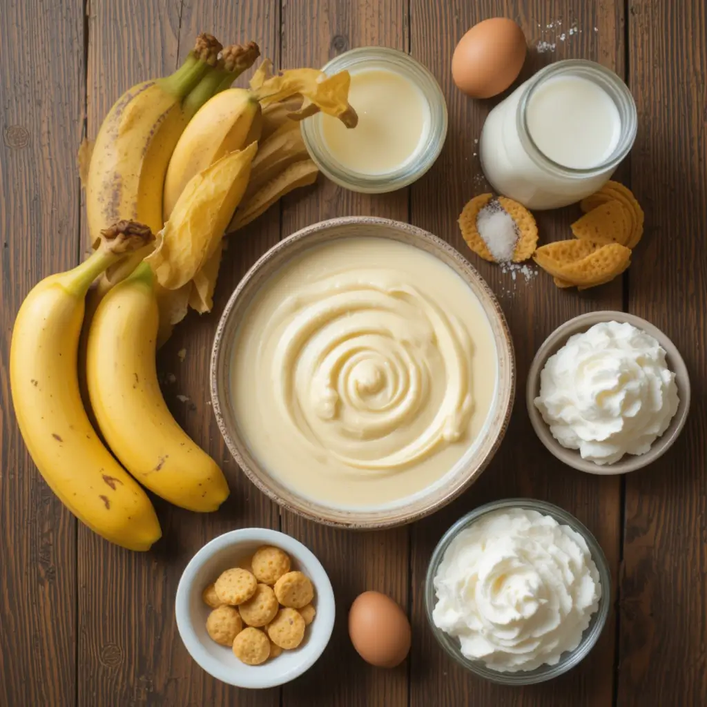 A flat lay of ingredients on a rustic wooden counter: ripe bananas, creamy pudding, vanilla wafers, whipped cream, milk, sugar, vanilla extract, and eggs. Soft natural lighting enhances the warm, inviting scene.