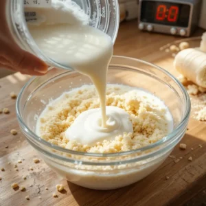 A bowl of breadcrumbs absorbing milk on a cozy kitchen counter, with natural light highlighting the texture. A timer set to 5 minutes in the background, creating a warm, rustic ambiance.